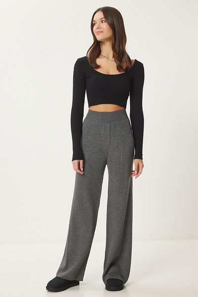 Happiness İstanbul Women's Anthracite Ribbed Knitwear Pants Ki̇00096
