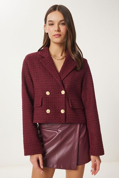 Happiness İstanbul Burgunderfarbene kurze zweireihige Tweedjacke für Damen WF00017