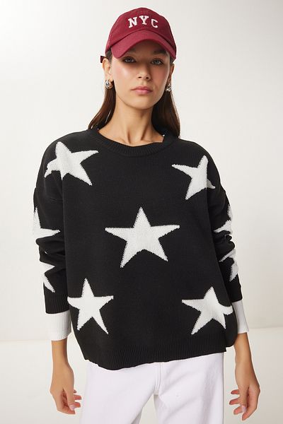 Happiness İstanbul Women's Black Star Embroidered Oversize Knitwear Sweater Vn00023