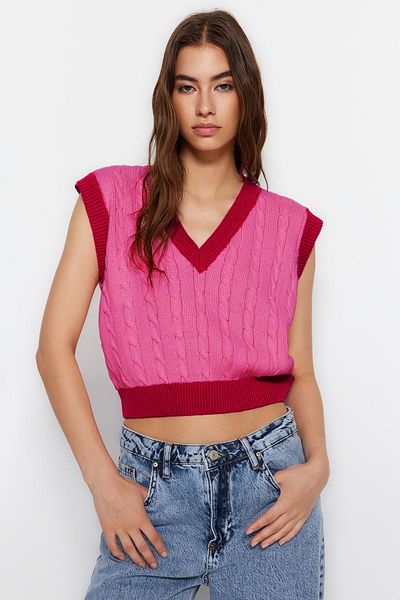 Trendyol Collection Rózsaszín Crop kötött pulóver hajfonat részletekkel - TWOAW22BZ0060