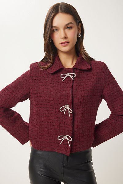 Happiness İstanbul Damen-Tweedjacke in Burgunderrot mit Schleifendetail TO00160