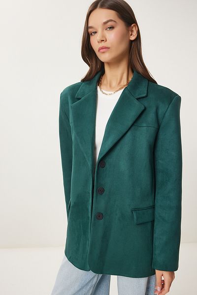 Happiness İstanbul Smaragdgrüne Premium-Wildleder-Blazerjacke für Damen FN03443