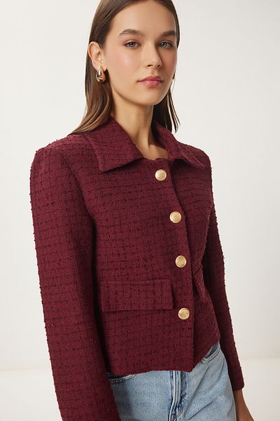 Happiness İstanbul Burgunderrote Tweed-Crop-Damenjacke – TO00039