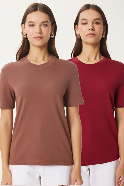 Happiness İstanbul Burgunderbraunes Basic-T-Shirt aus Baumwolle, 2er-Pack – AG00002