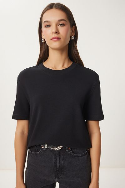 Happiness İstanbul Schwarz-weißes 2-teiliges Basic-Strick-T-Shirt aus Baumwolle für Damen AG00002