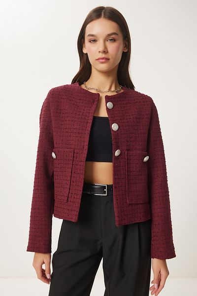 Happiness İstanbul Burgunderrote geknöpfte Tweedjacke für Damen WF00048