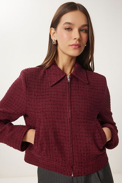 Happiness İstanbul Burgunderrote Tweedjacke mit Reißverschluss und Hemdkragen für Damen WF00069