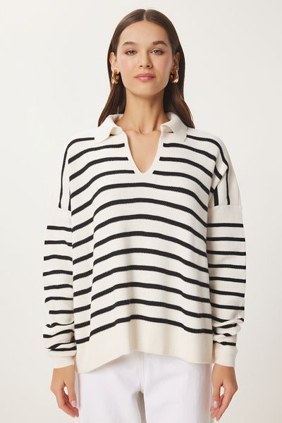 Happiness İstanbul Kurzer Strickpullover mit Polokragen und Knochenmuster für Damen US00293