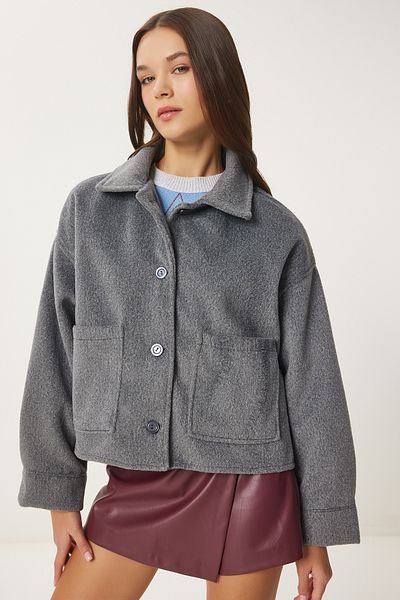Happiness İstanbul Women's Anthracite Wide Pocket Soft Stamp Jacket Fn03445