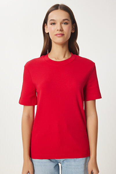 Happiness İstanbul Women's Red Cotton Basic Knitted T-Shirt Ag00001