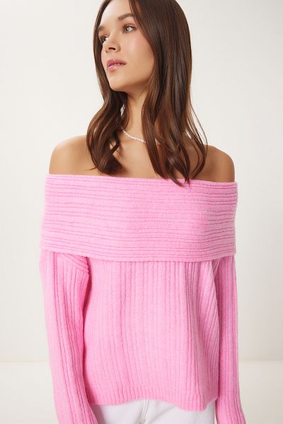 Happiness İstanbul Damen-Strickpullover mit Madonna-Kragen in Bonbonrosa PF00049