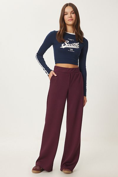 Happiness İstanbul Bequeme Damen-Interlock-Hose mit weitem Bein in Burgunderrot UB00296
