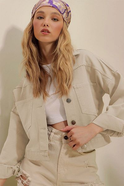 Trend Alaçatı Stili Γυναικείο τζιν μπουφάν Sand Beige Crop ALC-X3631-RV