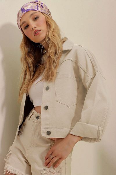 Trend Alaçatı Stili Γυναικείο τζιν μπουφάν Sand Beige Crop ALC-X3631-RV