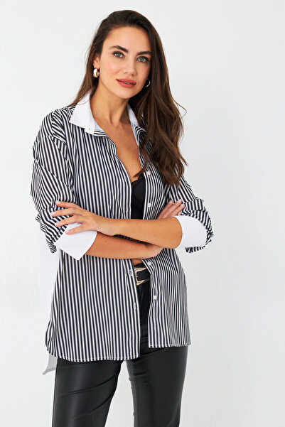 Cool & Sexy Kadın Ekru-Siyah Çizgili Kontrast Gömlek ELT156