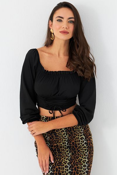 Cool & Sexy Γυναικεία Μαύρη Δαντέλα Λεπτομερής Crop Μπλούζα CG387