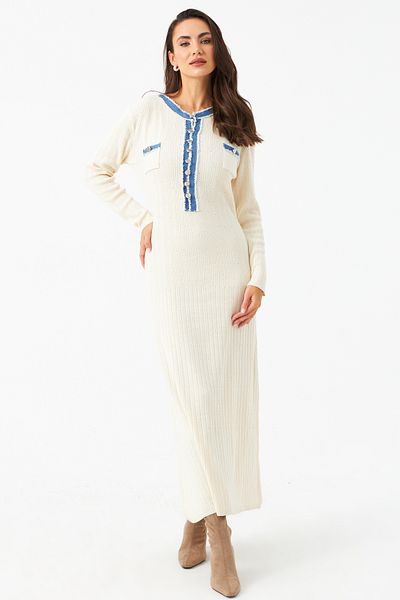 Cool & Modest Ecru Maxi Dress for Women - Denim Detail, Mqas200