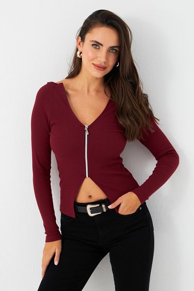 Cool & Sexy Burgundowa bluzka damska z krótkim rękawem - zapinana na zamek Ey2954