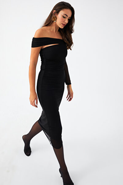 Cool & Sexy Black Tulle Detail Midi Dress - Gathered and Lined Mon141