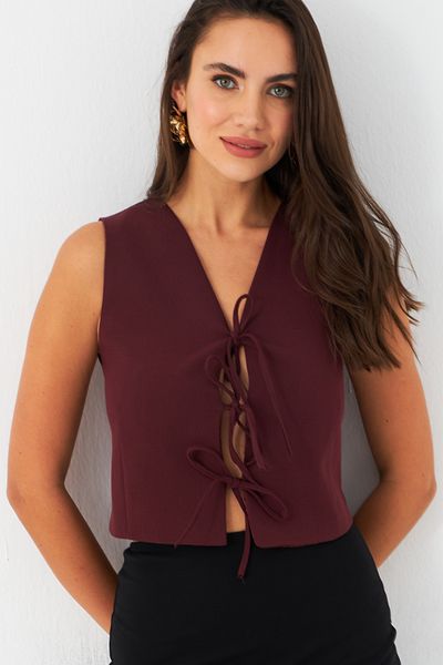 Cool & Sexy Burgunderfarbene Damenweste mit Bindedetail – gefüttert ELA6645