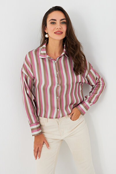 Cool & Modest Kadın Ekru-Fuşya Desenli Saten Gömlek MSHR500