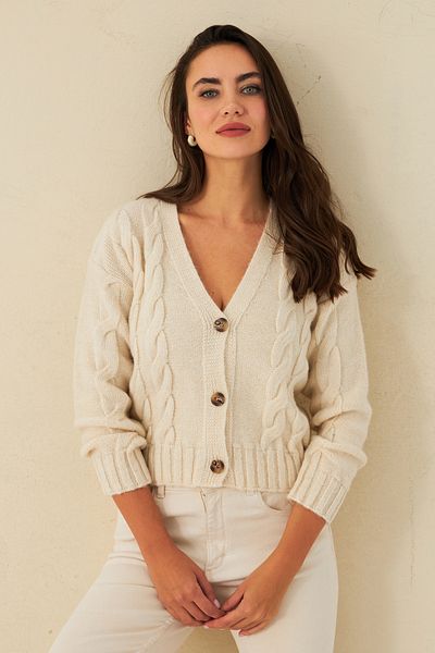 Cool & Sexy Női ekrü haj fonott kardigán YV295