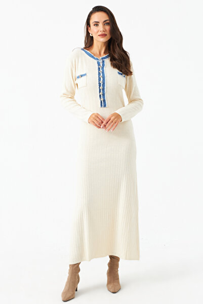 Cool & Modest Ecru Maxi Dress for Women - Denim Detail, Mqas200