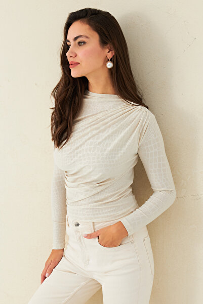 Cool & Sexy Women's Ecru Patterned Drawstring Blouse Lpp1279