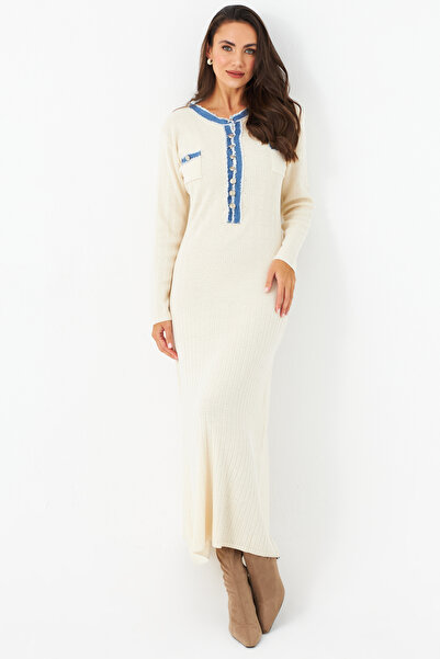 Cool & Modest Ecru Maxi Dress for Women - Denim Detail, Mqas200