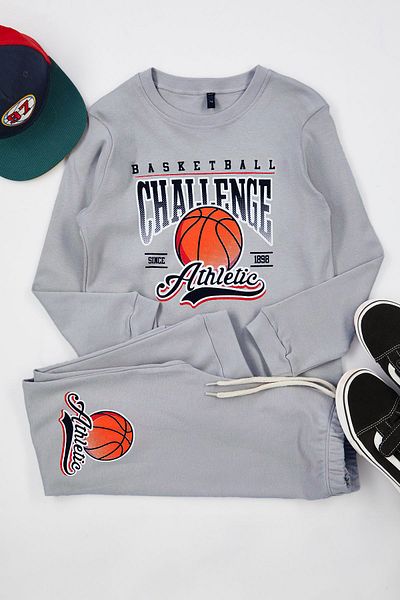 TRENDYOLKIDS Boy's Gray Seasonal Basketball Printed Pajamas Set - Tkdaw25au00014