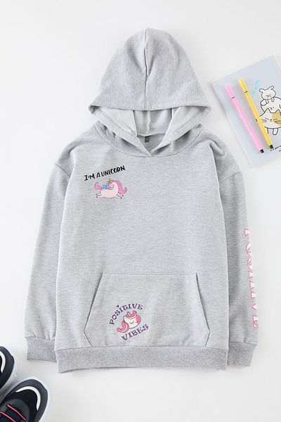 TRENDYOLKIDS Gray Hooded Seasonal Sleeve Printed Girls' Plain Knitted Sweatshirt Tkdaw25Sw00130