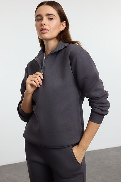 Trendyol Collection Fleece-Anthrazit-Jogger-Trainingsanzug-Set mit Reißverschluss – dicke Innenseite TWOSS25EM00000