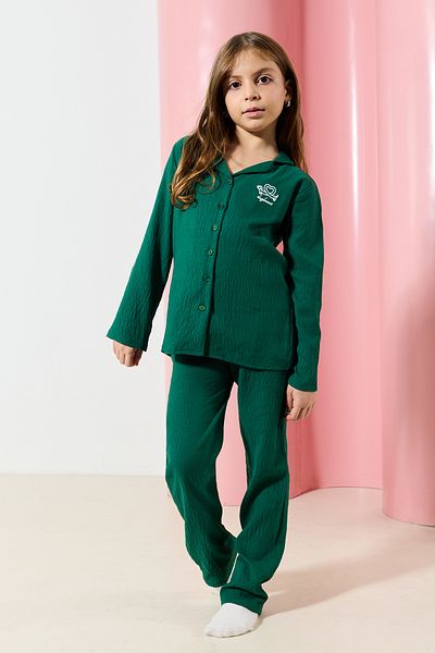 TRENDYOLKIDS Szmaragdowo zielony dziewczęcy wzorzysty zestaw piżamowy Mini Me Mother Girl