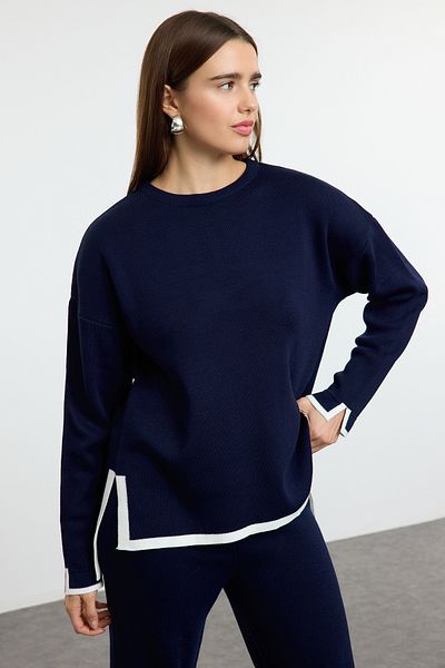 Trendyol Collection Sötétkék széles szabású kontraszt színű kötöttáru alsó-felső szett TWOAW24AU00062