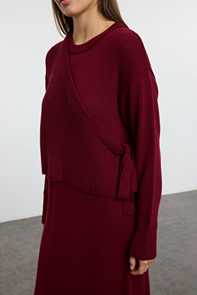 Trendyol Modest Bordó kötöttáru kardigán és ruha szett - TCTAW25US00000