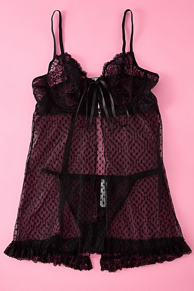 Trendyol Curve Plus Size Black Polka Dot Lace Babydoll - Thong Tbbaw25Dh00001