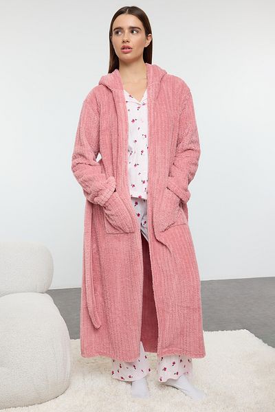 Trendyol Collection Růžový proužkovaný zimní Wellsoft pletený župan Thmaw25Sb00019