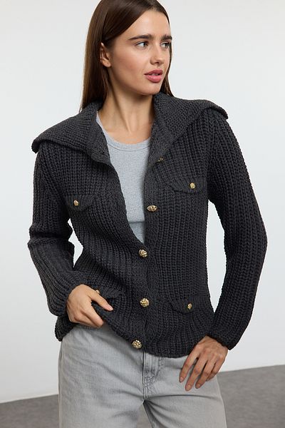 Trendyol Collection Anthracite Pocket Detailed Knitwear Cardigan Twoaw25Hi00367