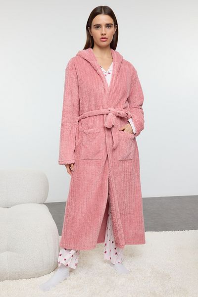 Trendyol Collection Růžový proužkovaný zimní Wellsoft pletený župan Thmaw25Sb00019