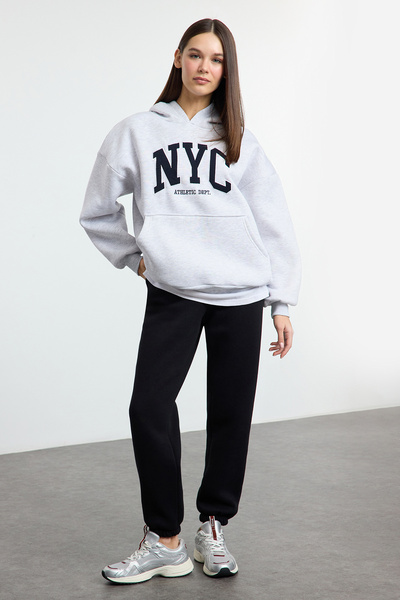 Trendyol Collection Oversize Gray Melange Hooded Slogan Knitted Sweatshirt - Twoaw25Sw00320