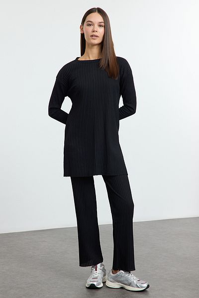 Trendyol Collection Fekete hasított blúz Palazzo alsó bordázott rugalmas kötött alsó-felső szett TWOAW25AU00152