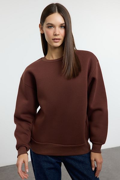 Trendyol Collection Дебела кройка - Кафяв суичър с поларено деколте Twoaw24Sw00101
