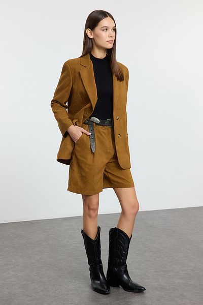 Trendyol Collection Brązowa zamszowa marynarka tkana Twoaw25Bc00040