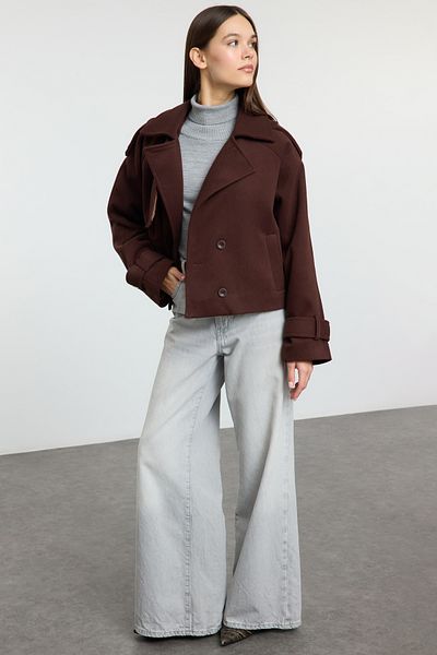 Trendyol Collection Brown Oversize Wide Cut Crop Stamp Coat Twoaw24Kb00026