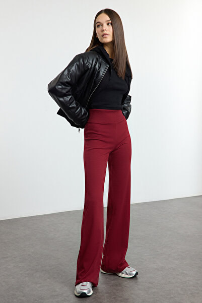 Trendyol Collection Claret Red Široká noha/Španělská noha Vysoký pas Interlock Stretch Pletené kalhoty Twoaw25Pl00006