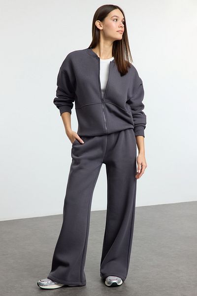 Trendyol Collection Σετ αθλητικής φόρμας Anthracite Fleece με χοντρό φερμουάρ - Φαρδιά Εφαρμογή Twoaw25em00001
