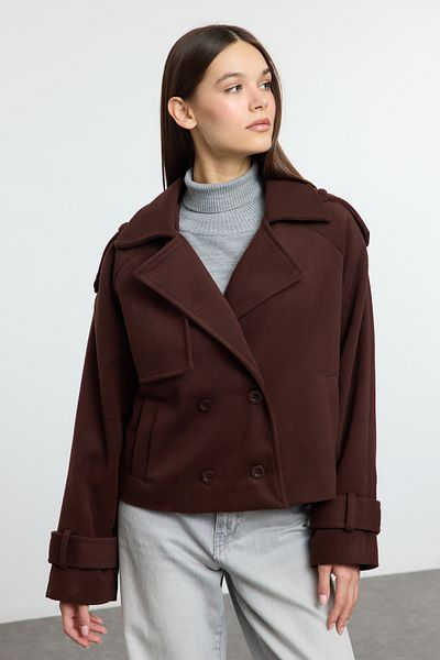 Trendyol Collection Brown Oversize Wide Cut Crop Stamp Coat Twoaw24Kb00026