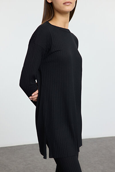 Trendyol Collection Fekete hasított blúz Palazzo alsó bordázott rugalmas kötött alsó-felső szett TWOAW25AU00152