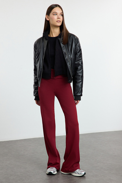 Trendyol Collection Claret Red Široká noha/Španělská noha Vysoký pas Interlock Stretch Pletené kalhoty Twoaw25Pl00006
