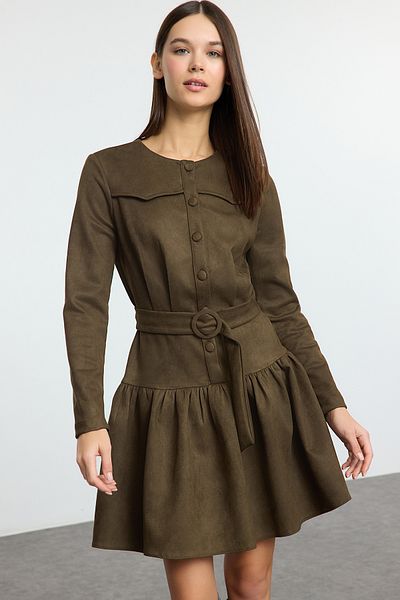 Trendyol Collection Khaki Straight Mini Knitted Dress with Belt Twoaw25El00252